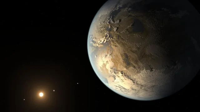 Ilustración de Kepler-186f, un planeta del tamaño de la Tierra junto a su estrella